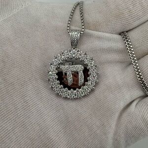 925 Sterling Silver Chai Pendant White Gold Dipped Pave cz Diamond 10g